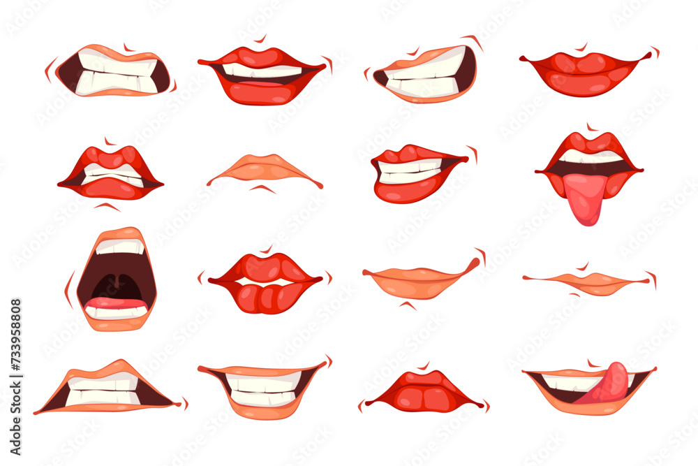 Poster facial expression part, isolated mouths of personages and characters. vector mimics and emotions, no