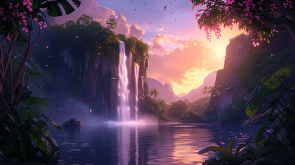 Obraz premium Enchanted Waterfall and Blooming Trees at Dusk