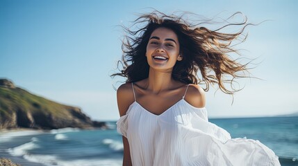 Fototapeta na wymiar Freedom woman in free happiness bliss on beach. Smiling happy multicultural female model in white summer dress enjoying serene ocean nature during travel holidays vacation outdoors