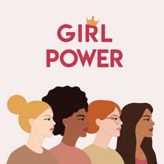 Girl power poster illustration with group of diverse female characters stand together. International Women s Day, 8 March. Woman empowerment concept. Pastel vector illustration