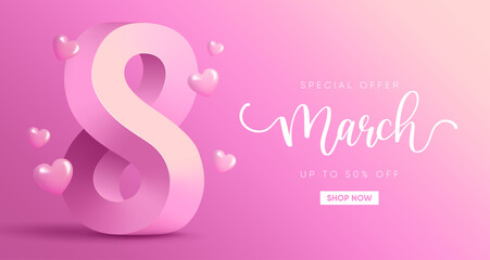 Modern Women's Day banner with 3d 8 number. Vector illustration.