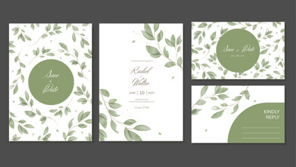 Wedding Invitation with Watercolor Green Leaves. Rustic Wedding. Templates of invitations and thank you cards. Vector