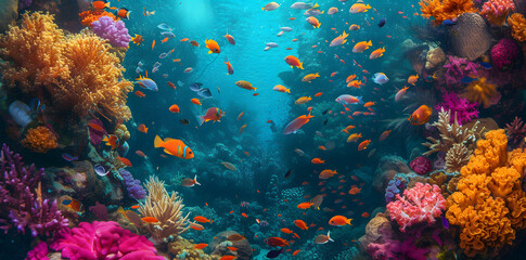 Colorful coral reef with fishes and corals photo background