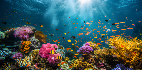 Fototapeta na wymiar Colorful coral reef with fishes and corals photo background