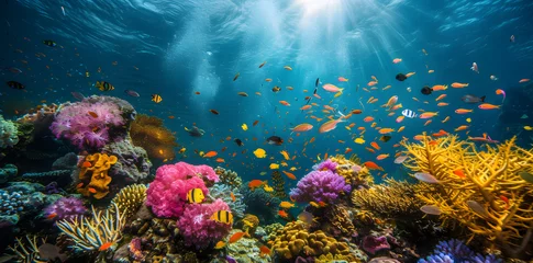 Fotobehang Colorful coral reef with fishes and corals photo background © Oksana