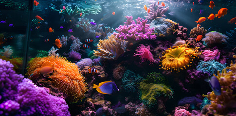 Naklejka na ściany i meble Colorful coral reef with fishes and corals photo background