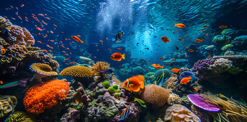 Colorful coral reef with fishes and corals photo background
