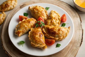 Baking delicious Argentine empanadas with chicken and vegetables.