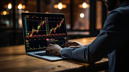 Portrait of a positive successful Indian or Arabian trader, stock market broker, Crypto charts on laptop screen. - obrazy, fototapety, plakaty