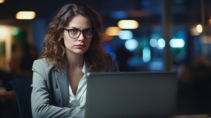Portrait of a serious businesswoman using laptop in offic