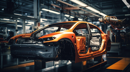 Automated futuristic electric cars factory production line Assembly Line Manufacturing High-Tech Green Energy Electric Vehicles. Automatic Construction