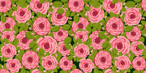 Seamless pattern with blooming roses. Vector floral illustration for postcard, poster, fabric, wrapping paper, decor etc. Flowers for spring and summer holidays.