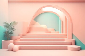 3d render illustration in modern geometric style Arch and stairs in trendy minimal interior Gradient pastel colors background Abstract composition
