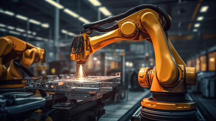 Welding yellow high technology robot arm on the production line. Modern heavy industry.
