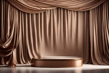 3D display podium, brown background with wood frame pedestal and flying silk cloth curtain. Nature wind. Beauty, cosmetic product presentation stand. Luxury feminine mockup 3d render advertisement