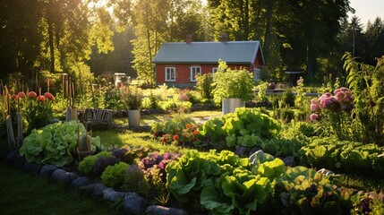 Vegetable garden in late summer. Herbs, flowers and vegetables in backyard formal garden. Eco friendly gardening - obrazy, fototapety, plakaty