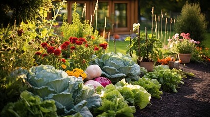 Vegetable garden in late summer. Herbs, flowers and vegetables in backyard formal garden. Eco friendly gardening