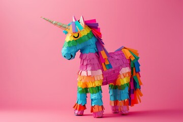 Traditional Mexican unicorn pinata on a vibrant pink background