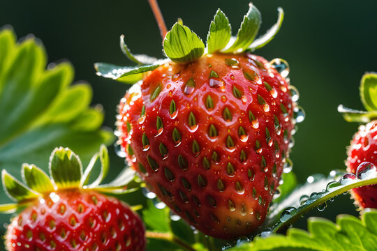 Close-up of a juicy strawberry, seeds glistening with dew, nestled among vibrant green leaves, overexposed background highlighting its vibrant red hue. Generative AI