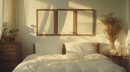 Golden Hour in a Warm Bedroom with Neutral Bedding and Dried Plants Decoration