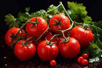 Branch of fresh tomatoes with parsley and dew drops on a black background