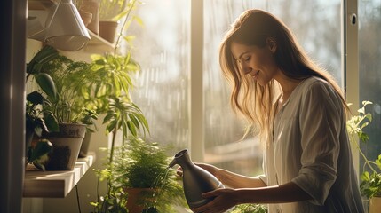 Young woman watering green plants on shelf at home