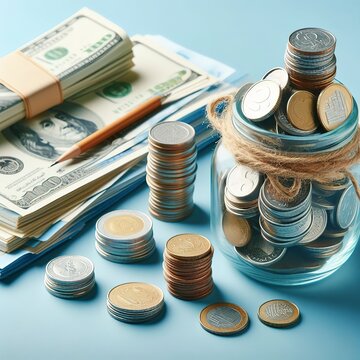 Saving Concept. Selective focus on the money and coins isolated on blue background
