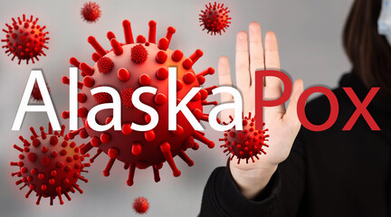 Alaskapox virus. Virus, epidemic, disease. Model of a dangerous flying virus, bacteria, microbe. A...