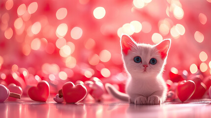 Cute kitten with red bokeh background and hearts 02