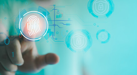 Digital fingerprint Verification. Man touching digital scanning fingermark for authorization access...