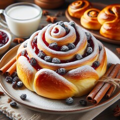 Sweet curled bun with jam, raisins in powdered sugar on a plate