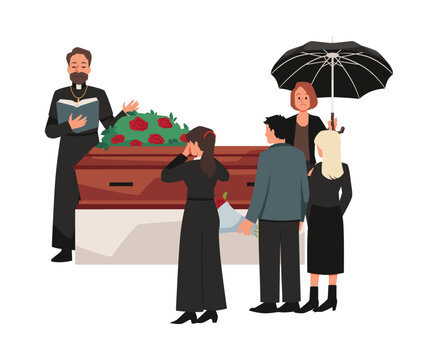Funeral ceremony, burial service, vector mourning people standing around closed coffin, Priest holding funeral speech