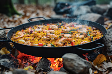 Paellera sobre piedras con paella mixta de marisco, pollo y verduras haciéndose en una hoguera realizada en un bosque al aire libre