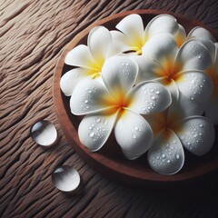White plumeria flower on wood background