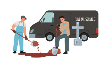 Funeral service, vector illustration isolated on white, flat cartoon.