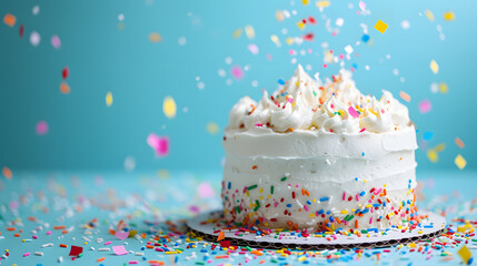 White birthday cake over blue background, copy space for text