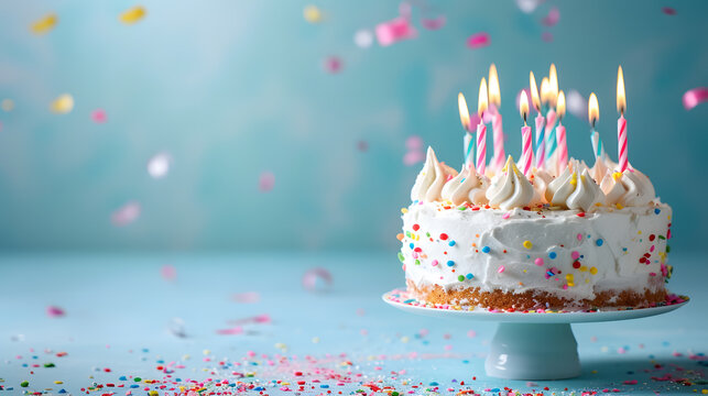 White birthday cake with candles over blue background, copy space for text