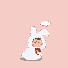 Kawaii child in rabbit mascot clothes holding chocolate bar