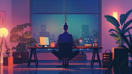 Fototapeta premium Relaxation at the work place , with man standing in lotus position on office desk
