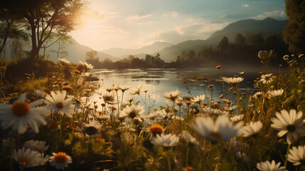 beautiful sunset in daisy field in the mountains background