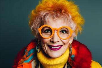Happy senior woman with orange hair and bright makeup. Portrait of a beautiful middle-aged woman in orange glasses.