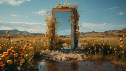 beautiful landscape with a mirror in daisy field