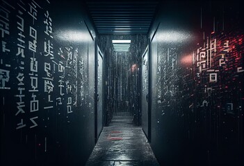 A 3d cyberspace corridor with walls made of random symbols falling down (chinese characters, code rain, a popular sci-fi movie effect). Generative AI - obrazy, fototapety, plakaty