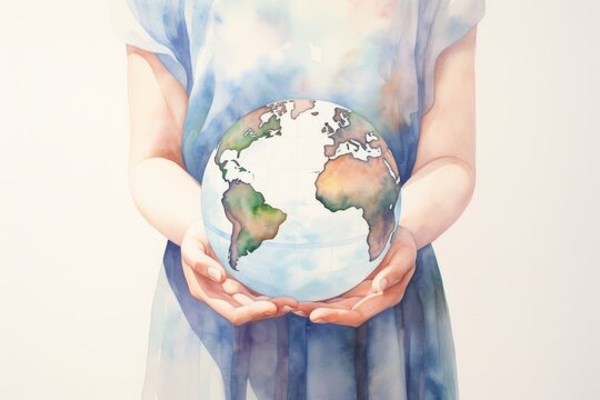 A woman in a blue dress holds a globe in her hands, watercolor. Generative AI.