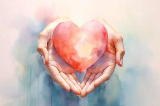 Female hands holding heart, watercolor painting style. Generative AI.