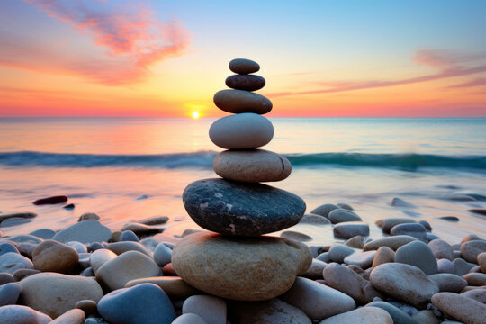 Balance pebble stones stacked on the sand beach at sunset. Generative AI.
