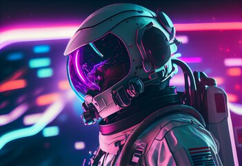 Astronaut with Colorful Visor and White Spacesuit with Pink and Blue Moody 80s lighting Front, Neon cyberpunk, Futuristic background. 3D Rendering. Generative AI