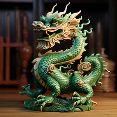 Obraz premium Green chinese dragon statue on wooden table in front of bookshelf