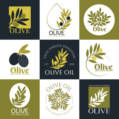 Set of vector logos of olive branch, tree, leaves and drops. Modern hand drawn vector olive oil icons. Branding concept for olive oil company, organic, eco-friendly products, culinary services