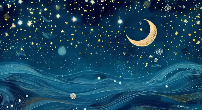Stylized image of the night sky with the moon and stars. The concept of sleep and relaxation.